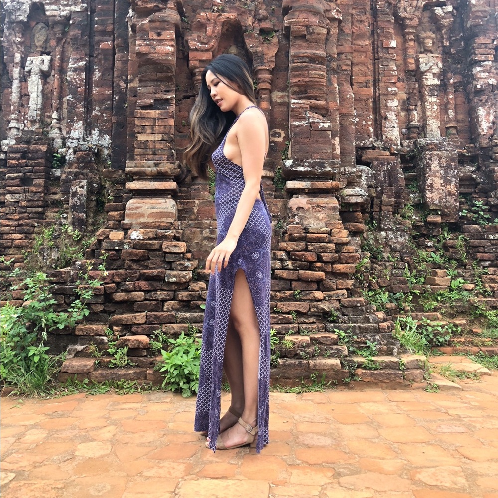 Free people Boho Purple Printed Maxi Halter Dress with Slit